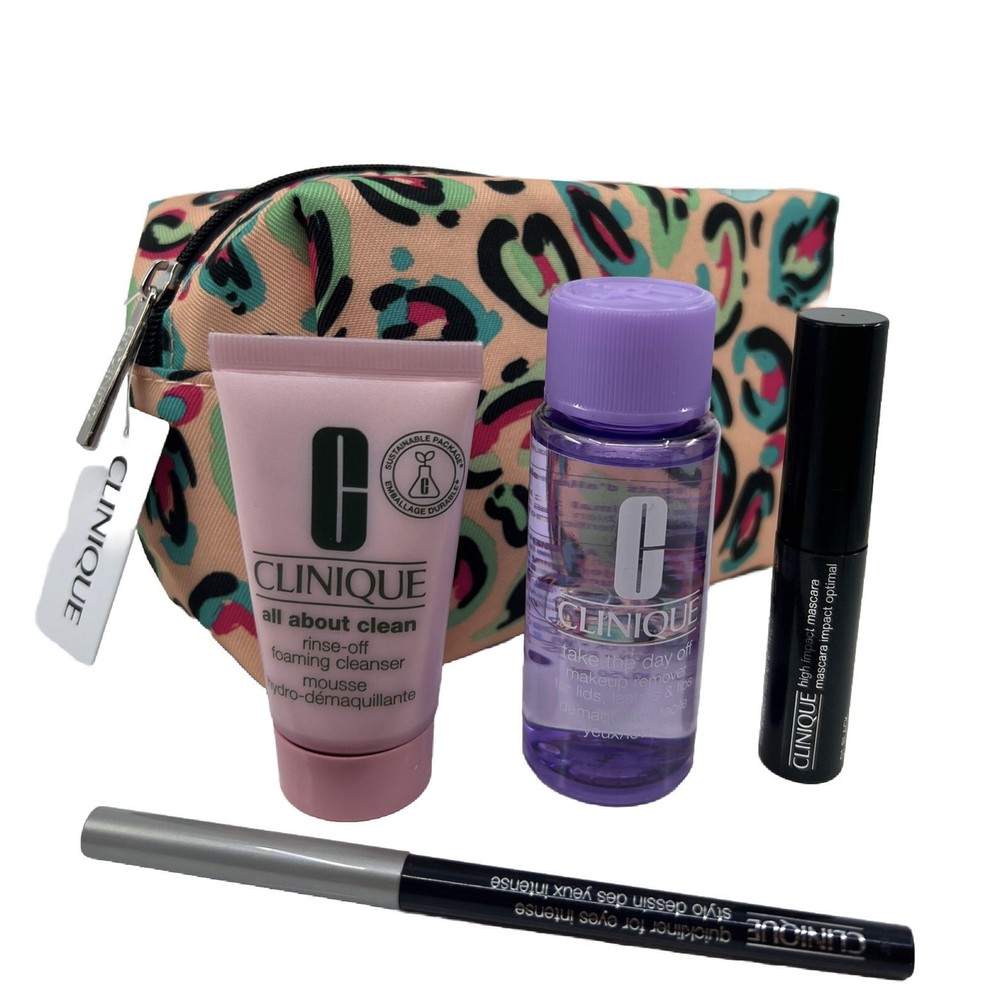 CLINIQUE 5pc Gift Set Mascara Eyeliner Makeup Remover & Mouse Cleanser Gift Bag